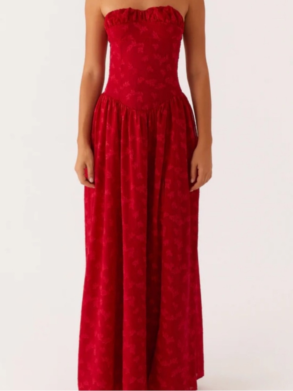Peppermayo Strapless Red Maxi Dress with Jacquard Detail